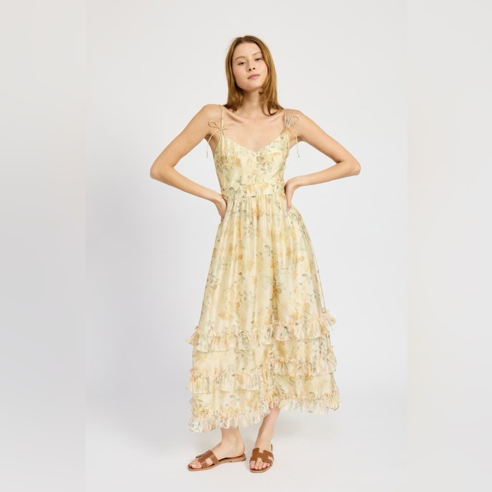 En Saison Pale Yellow Floral Midi Dress